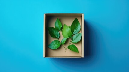 Eco-friendly cardboard box with vibrant green leaves inside, set against a bright blue surface, symbolizing sustainable packaging and zero waste initiatives.