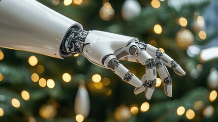 A close-up of a robotic hand reaching out, set against a backdrop of softly glowing Christmas lights.