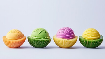 Ice cream served in hand-carved fruit bowls, meal design, playful culinary innovation