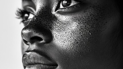 Fototapeta premium Monochrome close-up portrait highlighting a woman's natural freckles and beauty marks, emphasizing her striking features and radiant skin texture.