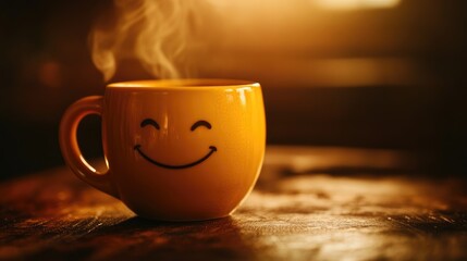 Cheerful yellow coffee cup with a smiling face, steam rising, on a rustic table, creating a warm morning vibe with space for motivational text.