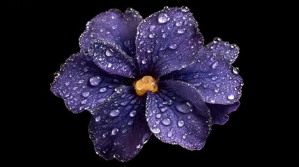 Obraz premium Vivid Purple African Violet Flower Close-Up with Glistening Water Droplets on Petals Against a Black Background