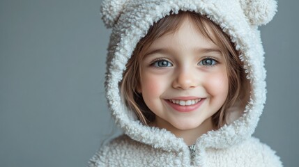 Joyful child in cozy teddy bear costume smiling brightly against a soft gray backdrop, exuding a playful and festive Halloween spirit.