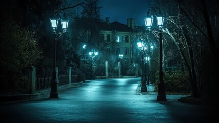 A dimly lit street at night with vintage lamps and a mysterious building in the background.