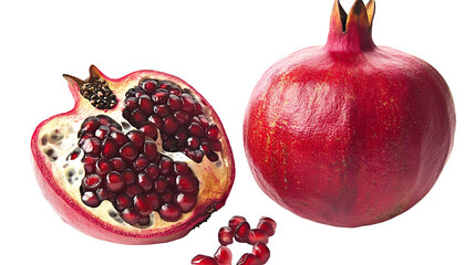 Juicy pomegranate with seeds visible inside the opened fruit isolated on a transparent background, PNG