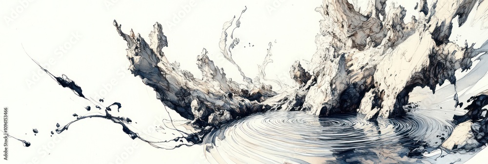 Poster an abstract depiction of water splashing, blending fluid forms and textures.