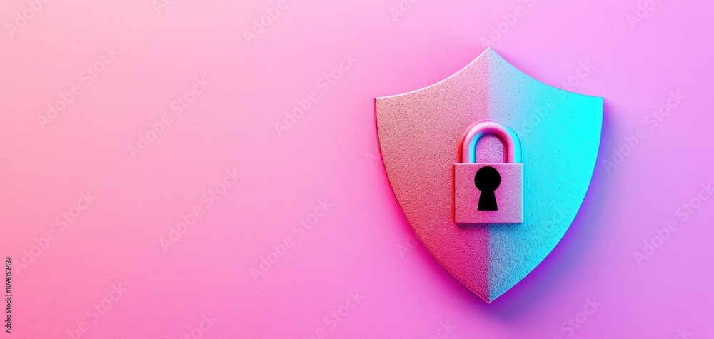 Poster anti tracking settings concept. a stylized shield with a padlock on a gradient pink and blue backgro