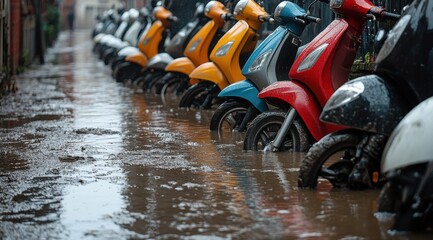 Vibrant scooters line a flooded street after rain, showcasing a colorful urban scene.