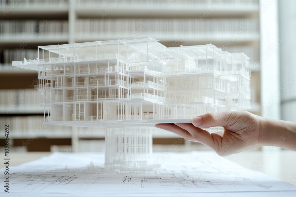 Aufkleber a hand holds a detailed architectural model above blueprints in a design studio.