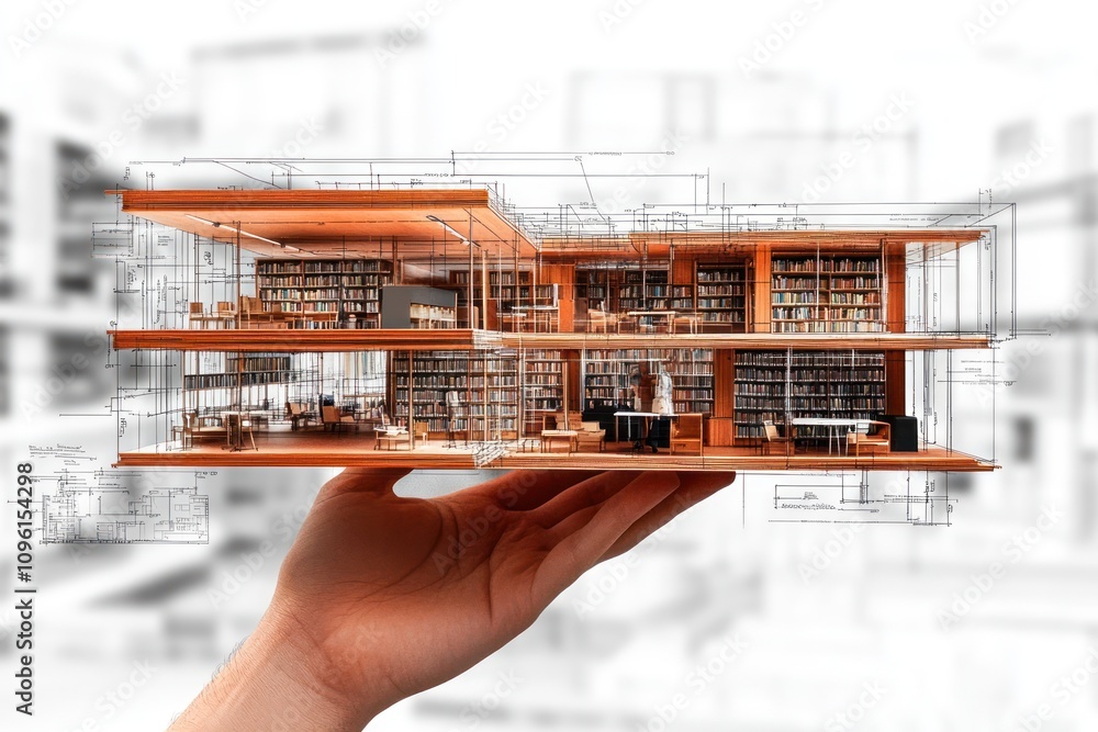 Poster a hand holding a 3d architectural model of a modern library with shelves of books.