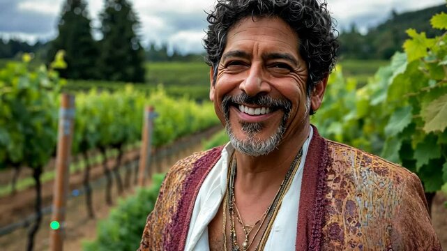 A man with curly dark hair and a goatee smiles broadly