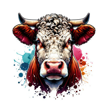 recommend clip art: Watercolor hereford cow head illustration, red and white cow breed farm animal graphic element