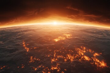 A stunning view of a fiery sunset over the Earth's horizon, showcasing vibrant colors against a dark sky and illuminated clouds
