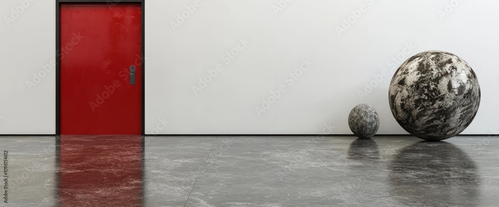 Poster a minimalist interior featuring a red door and two textured spherical objects on a polished floor.
