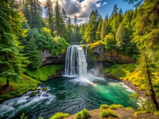 Obraz premium Stunning Koosah Falls Cascading Amidst Lush Greenery in McKenzie River, Willamette National Forest, Oregon - Breathtaking Natural Beauty with Copy Space for Text Overlay