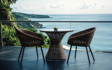 Fototapeta premium A round table with two chairs on a balcony overlooking a serene sea view, featuring dark brown rattan furniture with no armrests on a black tiled floo