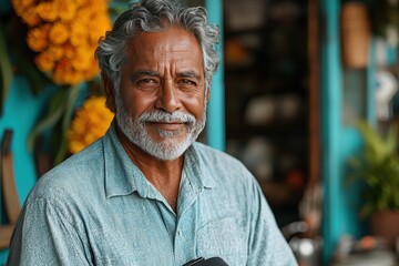 Fototapeta premium Smiling elderly man with gray hair and beard in vibrant outdoor setting