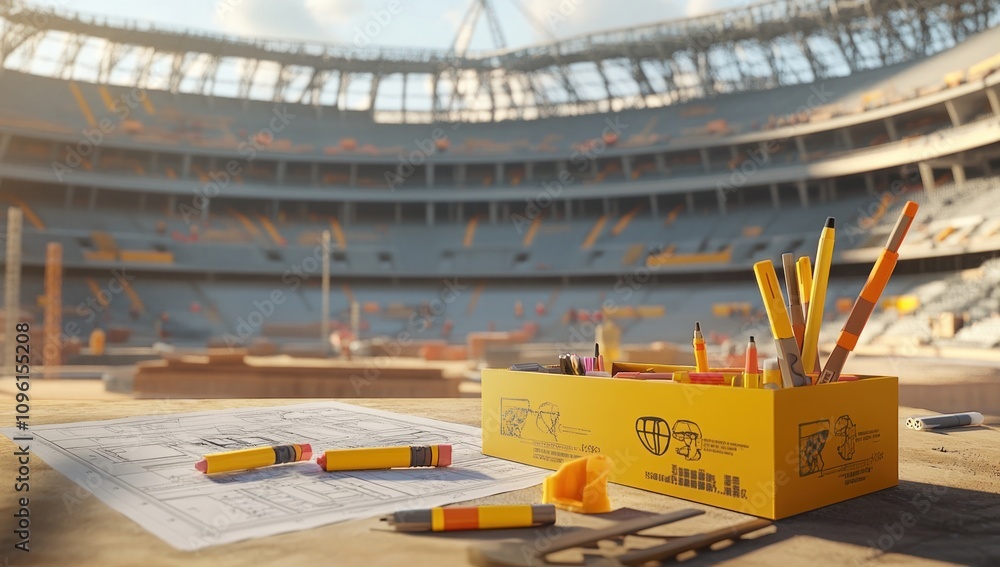 Poster A construction site with tools and blueprints in a stadium setting.