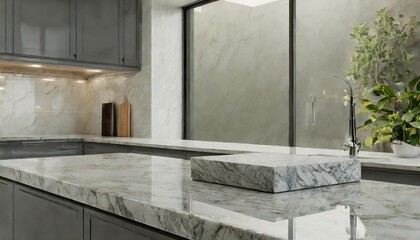 Elegant close-up of a polished marble granite kitchen counter island designed for product display in a modern, bright, and clean space, emphasizing luxury and functionality. ( characters)