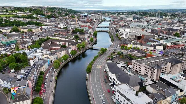 Aerial shot of Cork, showcasing its vibrant cityscape