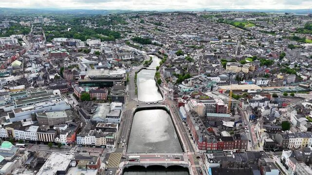 Aerial panorama of Cork, featuring the Lee River
