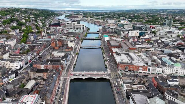 Drone footage of the Lee River flowing through Cork, Ireland
