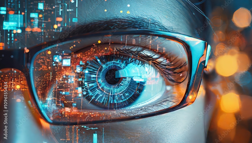 Aufkleber close-up of eyes behind glasses reflecting digital security code patterns â€“ conceptual cybersecuri