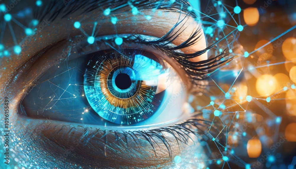 Poster close-up of eyes and glasses reflecting cyber security interfaces and technology codes, highlighting