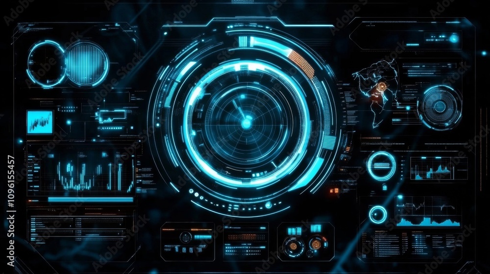 Poster digital futuristic interface design with large circular clock on black background, surrounded by blu