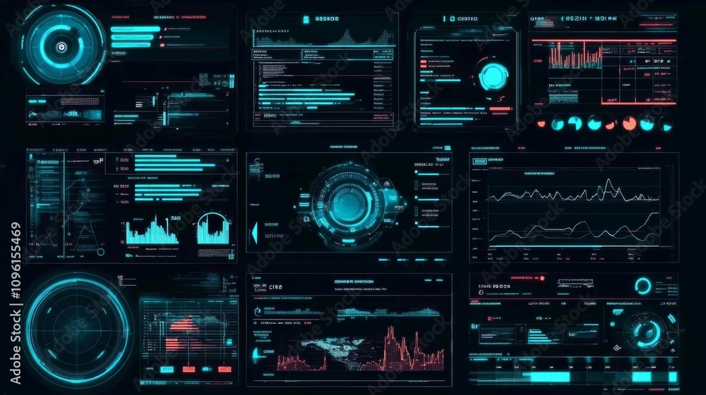 Poster dark blue grid of diverse dashboard elements with unique designs and layouts