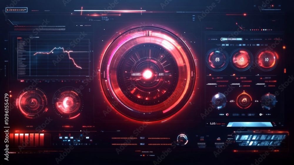 Poster futuristic digital interface with clock and colorful sections on black background