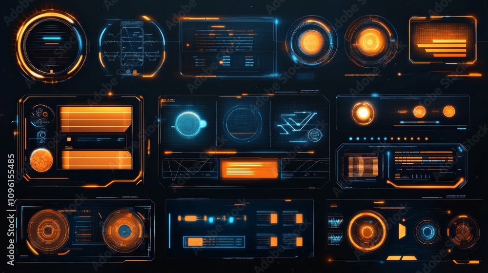 Poster dark blue and orange futuristic interface elements in grid pattern with unique designs