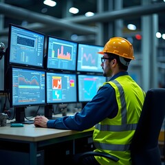 Engineer operating a SCADA system in a factory, monitoring real-time data on multiple screens. Perfect for themes of industrial automation, technology, and factory management.