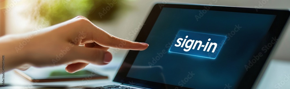 Poster a hand reaching for a sign-in button on a digital device screen.
