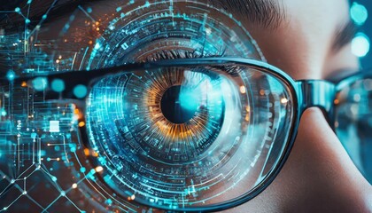 Close-Up of Eyes Behind Glasses Reflecting Cyber Security Interface â€“ High-Tech Concept Showcasing Digital Innovation, Data Protection, Privacy Awareness, and Advanced Security Systems