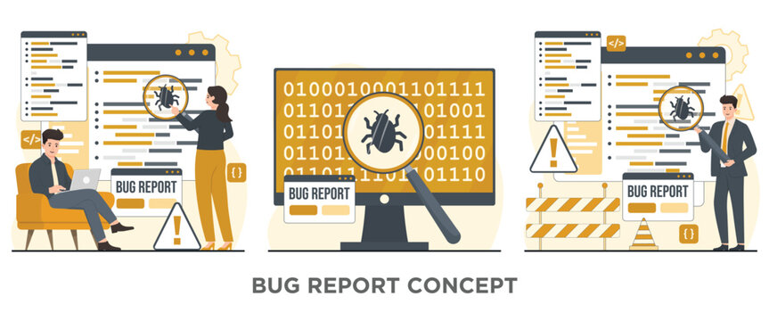 Bug report magnifier bug Bug Tracking Tool Protection from Computer Viruses in a Website Security Software tester concept illustration
