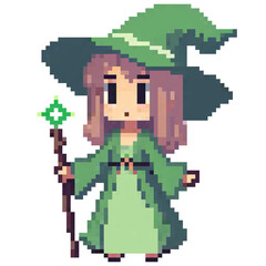 Pixel art cute with in green clothes	