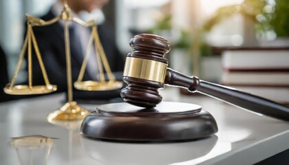 Close-up of a Gavel on a Judgeâ€™s Desk Representing Legal Proceedings, Court Trials, Justice System Decisions, and Symbolic Aspects of Law, Order, and Judicial Processes