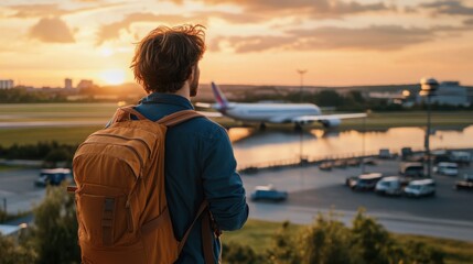 Fototapeta premium Young man with backpack gazes at airplane during sunset, capturing the essence of travel, adventure, and exploration at an airport setting with vibrant colors and serene atmosphere