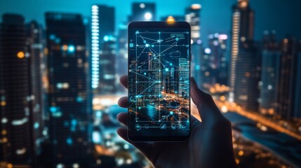 Obraz premium Futuristic smartphone interface held in hand with cityscape background conveying technology and connectivity concept through network visualization.