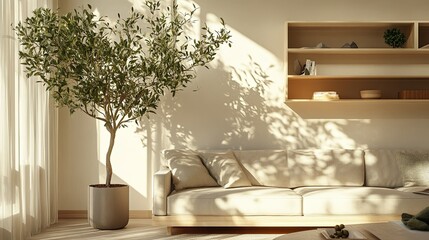 Cozy Living Room with Decorative Tree and Natural Light Accents
