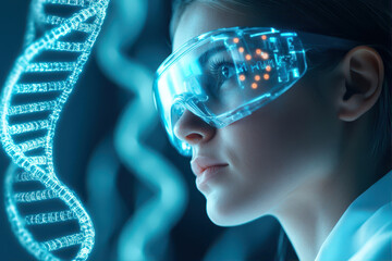 Exploring Genetic Possibilities Through Digital DNA Strands in a Futuristic Lab Environment