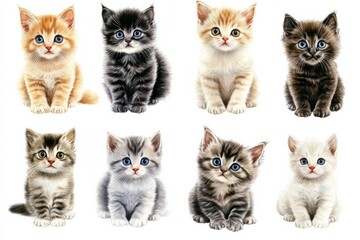Nine adorable kittens of various breeds and colors arranged in a grid pattern.