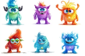 Colorful Grid of Nine Cartoon Monsters in Various Sizes and Colors