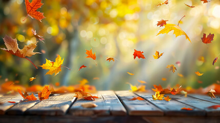 Autumn Maple Leaves: Maple leaves on a wooden table, capturing the essence of falling leaves and autumn�s natural beauty.