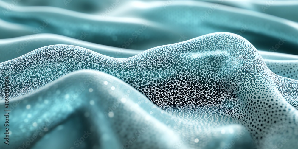 Poster A close-up of textured, shimmering fabric with a wave-like pattern in blue hues.