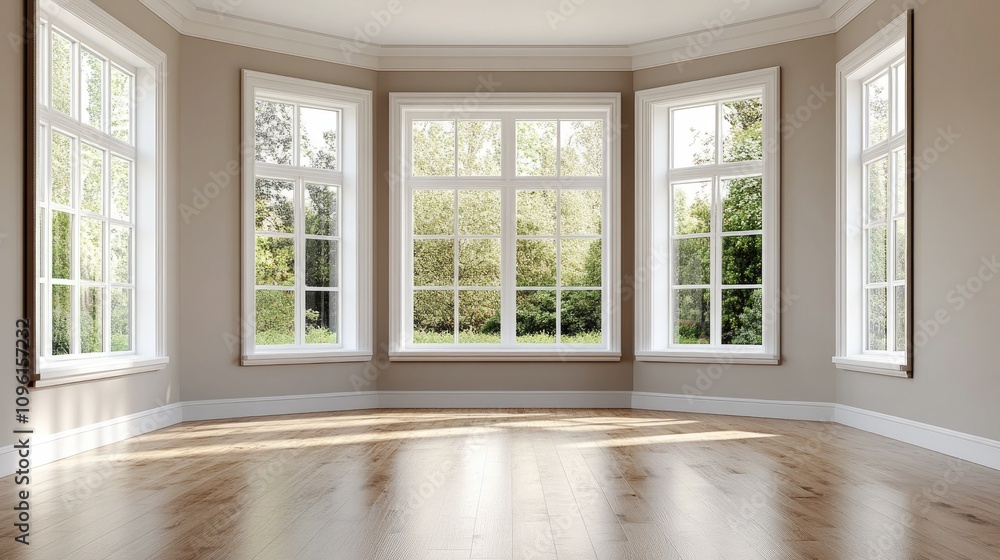 Poster bright and spacious empty room with large windows and scenic view