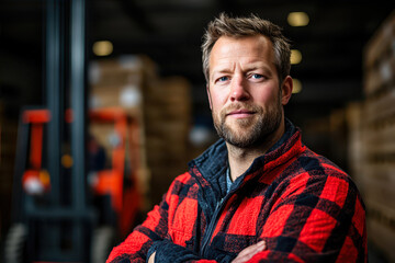 Fototapeta premium Confident Man Stands Proudly in a Warehouse Wearing a Vibrant Plaid Shirt Under Soft Lighting