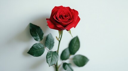 Fototapeta premium Elegant red rose with lush green leaves isolated on a soft white background, highlighting the intricate details in a macro close-up view.