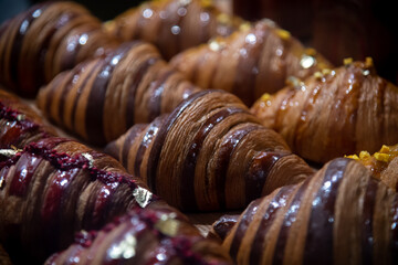 Close-up side view of various fresh baked brown croissants with different fillings and decorations on shelf of bakery or cafe. Soft focus. Copy space. Food and pastry background theme.